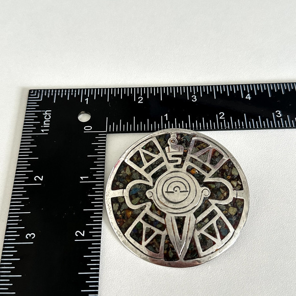 Vintage Taxco Mexico 925 Sterling Silver Multi Gemstone Inlay Large Brooch Pin - Picture 10 of 14